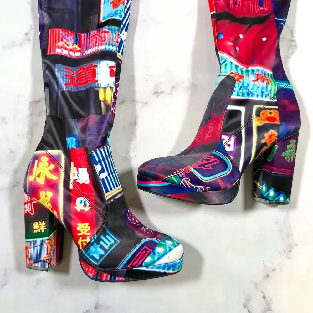 Dolls Kill Current Mood Midnight City Print Thigh High Platform Boots 8 - Picture 2 of 10